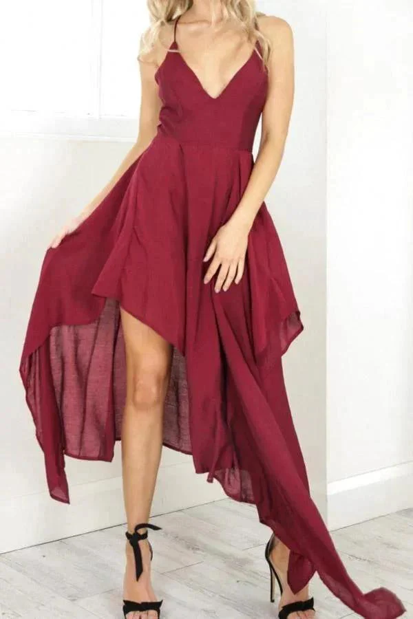 Straps V Neck Burgundy High Low Party Dress Homecoming Dresses PD310 - Image 3