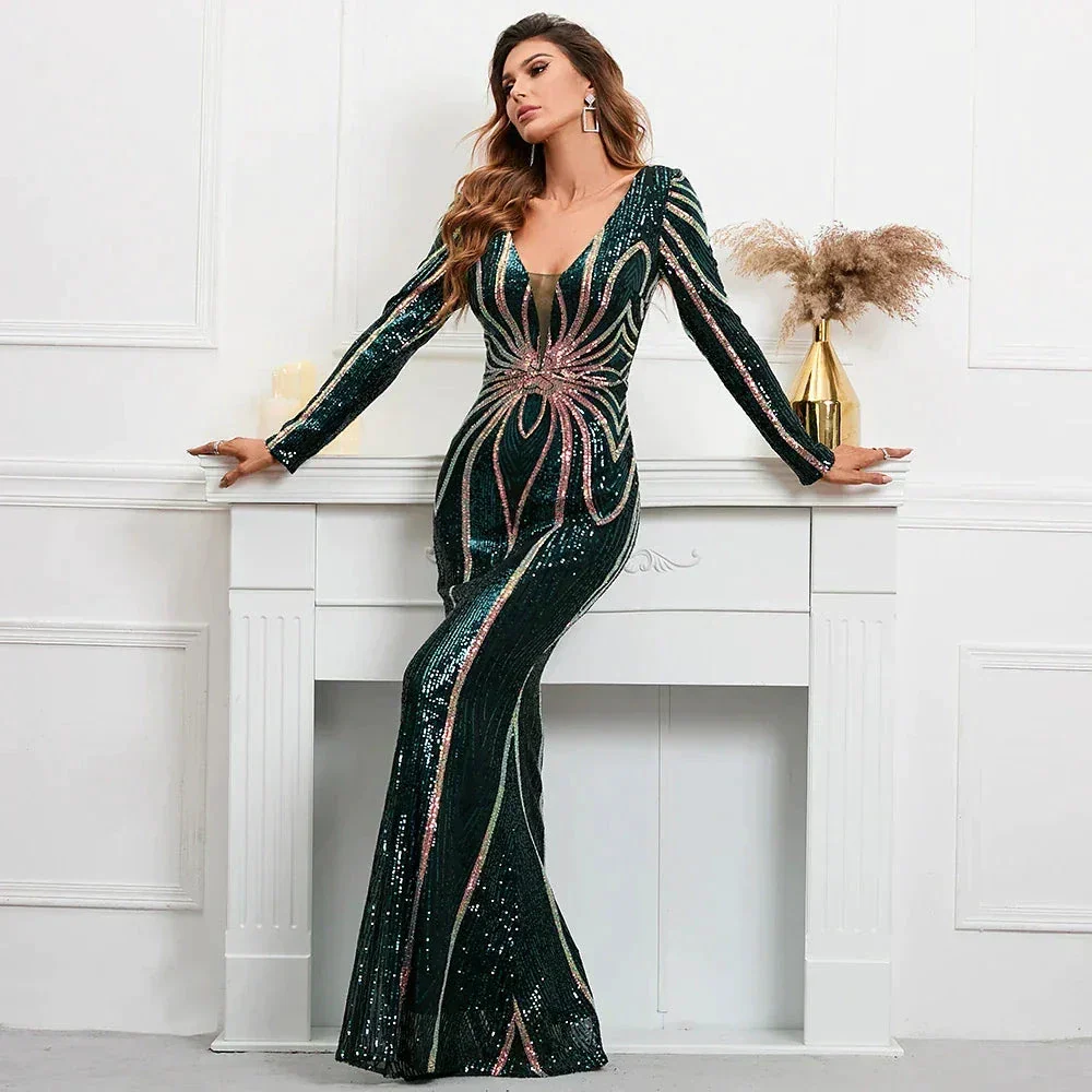 Stretch Green Sequin Maxi Dress Full Sleeve V Neck Mermaid Evening Night Long Party Dress - Image 2