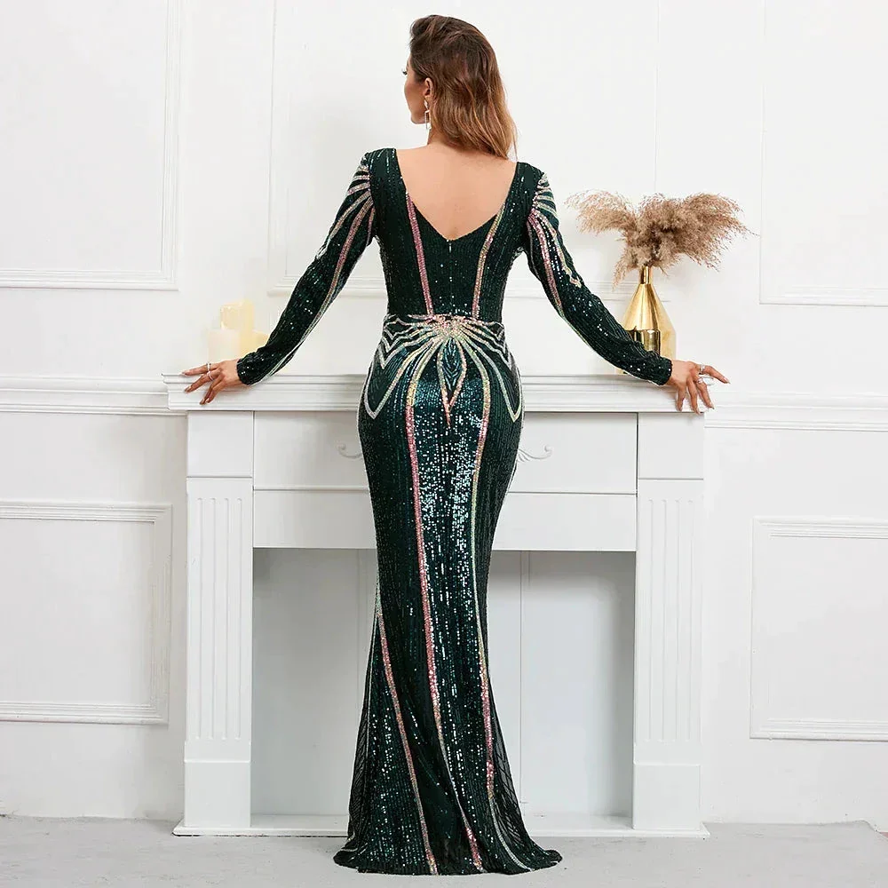 Stretch Green Sequin Maxi Dress Full Sleeve V Neck Mermaid Evening Night Long Party Dress - Image 4