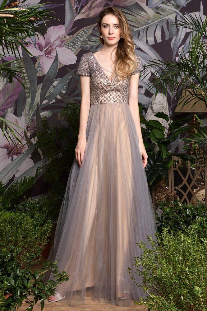 Striking Aline Long Evening Dress Quincenera Swing Dress Short Sleeves - Image 3