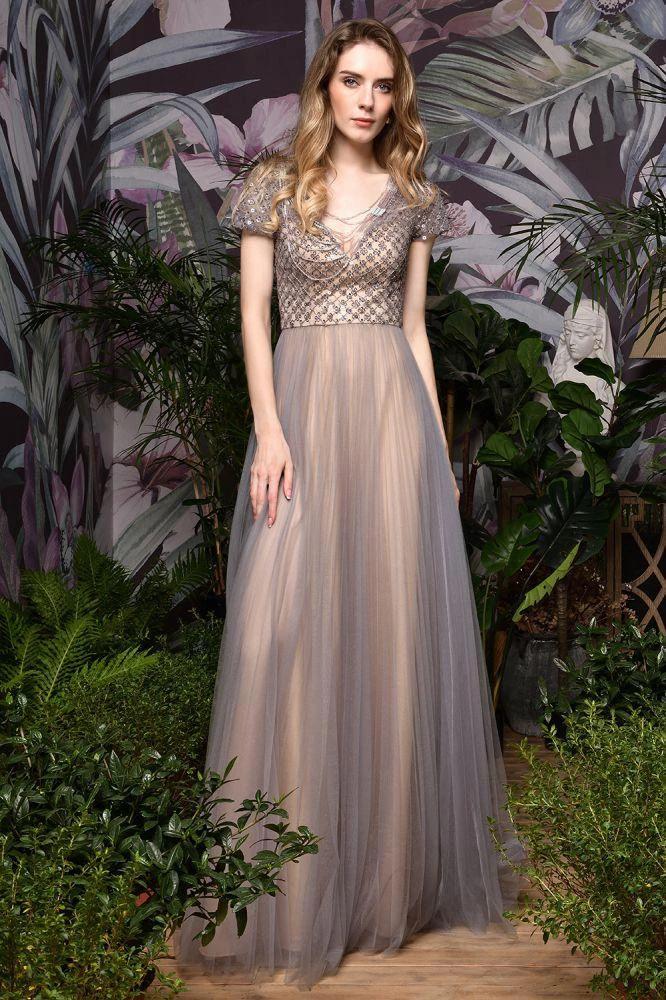 Striking Aline Long Evening Dress Quincenera Swing Dress Short Sleeves - Image 6