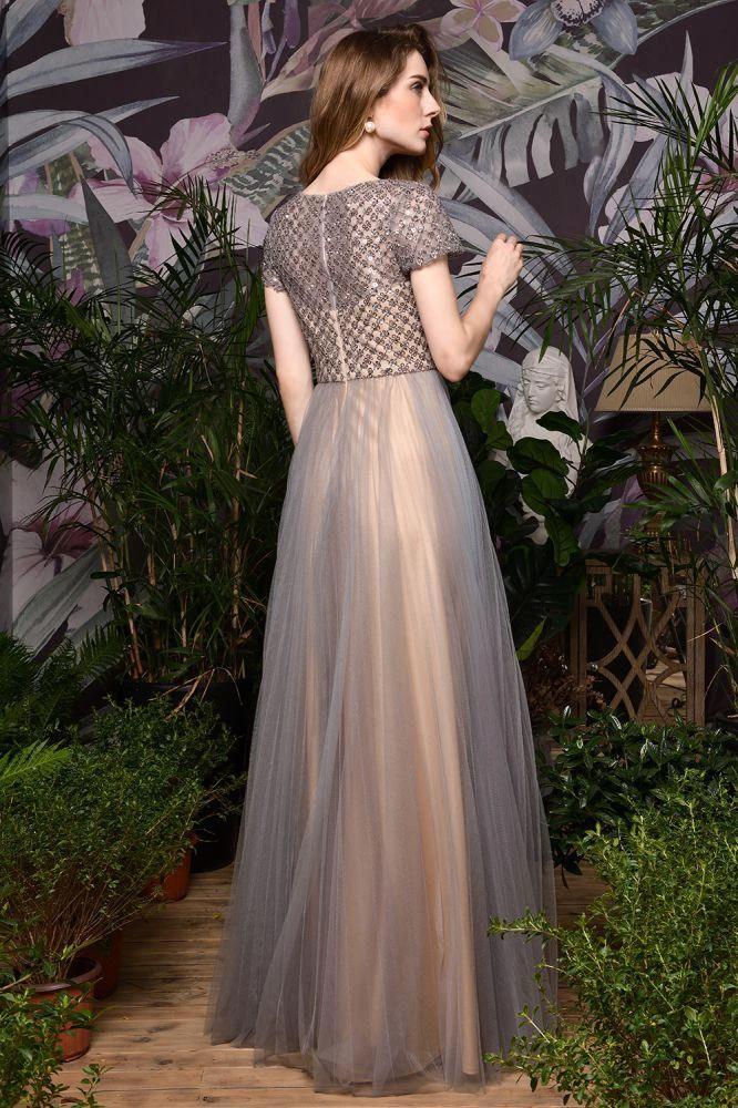 Striking Aline Long Evening Dress Quincenera Swing Dress Short Sleeves - Image 8