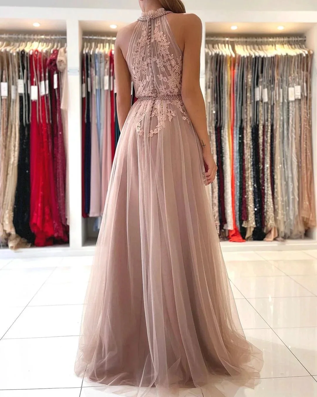 Stunning A-line High Neck Tulle Long Formal Prom Dress with Lace Appliques - Image 2
