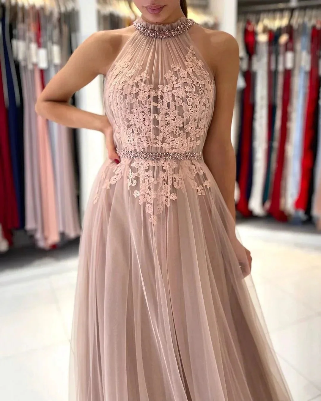 Stunning A-line High Neck Tulle Long Formal Prom Dress with Lace Appliques - Image 3