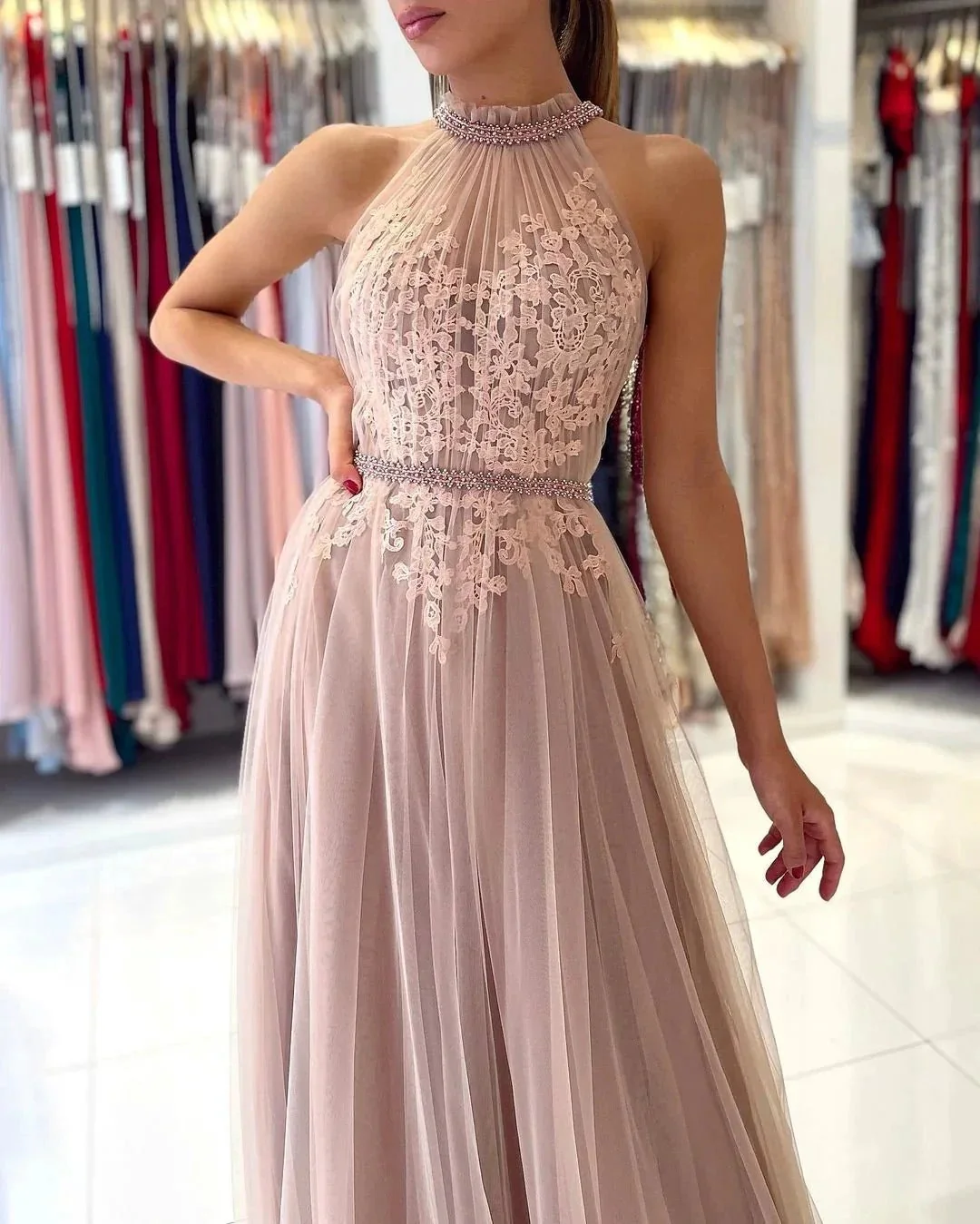 Stunning A-line High Neck Tulle Long Formal Prom Dress with Lace Appliques - Image 4