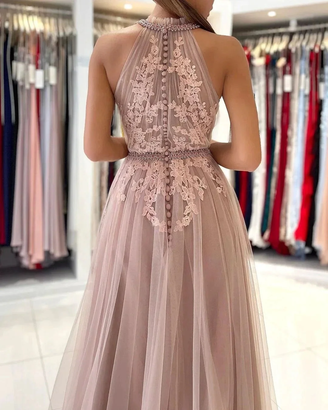 Stunning A-line High Neck Tulle Long Formal Prom Dress with Lace Appliques - Image 5