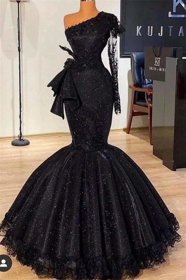 Stunning Black Glitter Mermaid Prom Dress Long Sleeves with Floral Lace Slim Party Dress