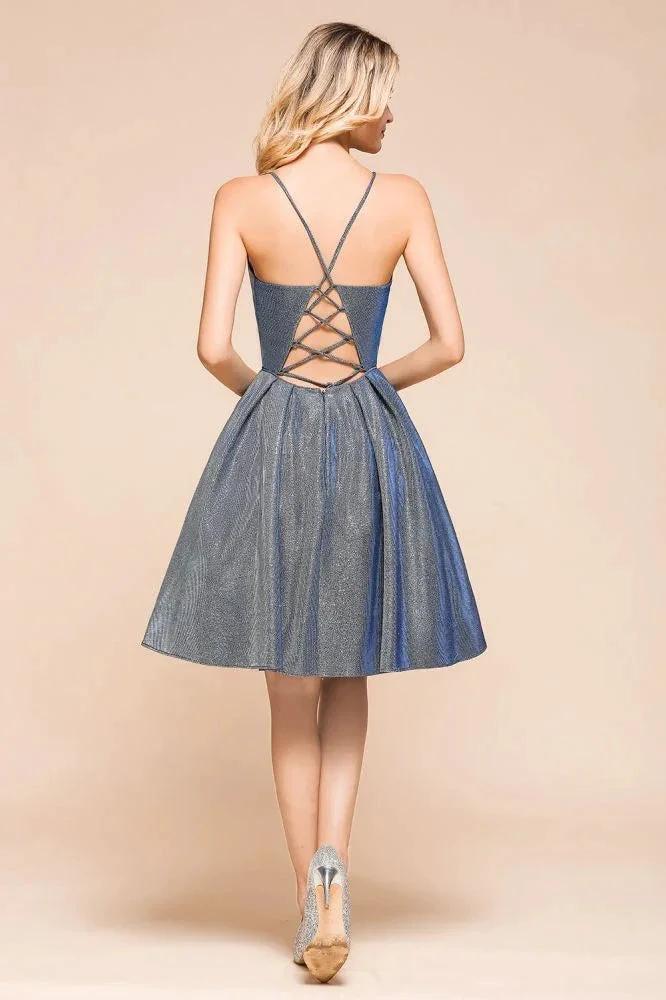 Stunning Double V-Neck Bright Silk Mini Party Dress Sleeveless Homecoming Dress - Image 2