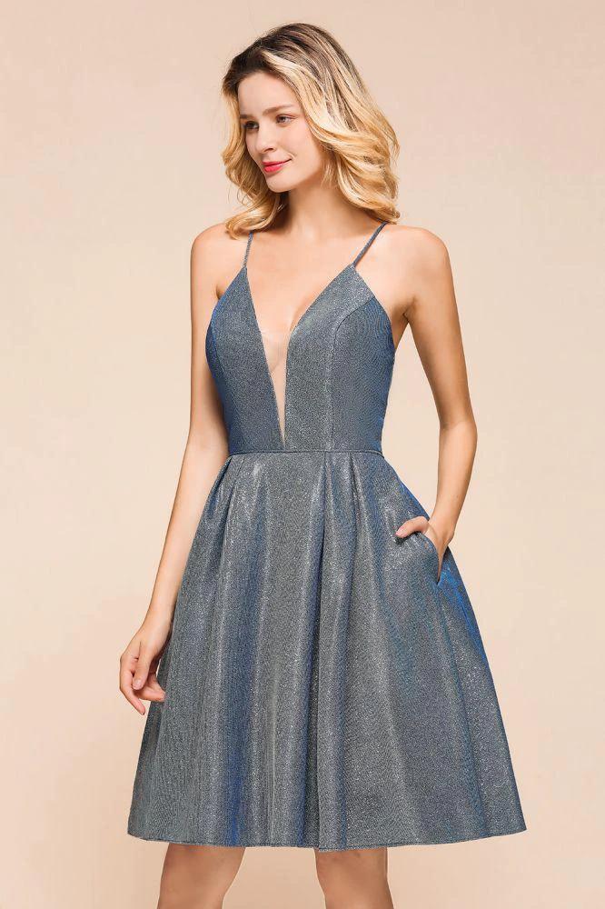 Stunning Double V-Neck Bright Silk Mini Party Dress Sleeveless Homecoming Dress - Image 5