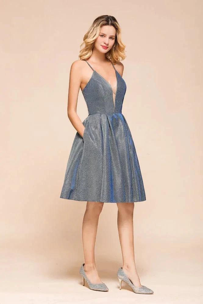 Stunning Double V-Neck Bright Silk Mini Party Dress Sleeveless Homecoming Dress - Image 6