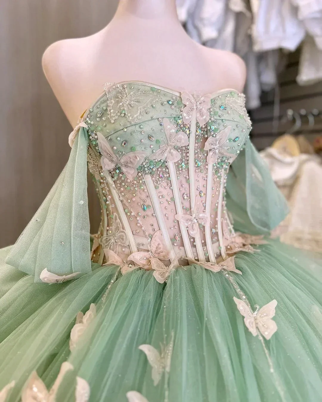 Stunning Green Tulle Princess Dress With Butterflies,Ball Gown,Sweet 15 Dress  Y5462 - Image 2