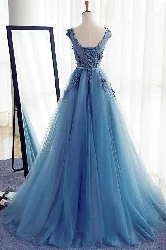 Stunning Long A-line Jewel Sleeveless Lace Tulle Prom Dress - Image 2