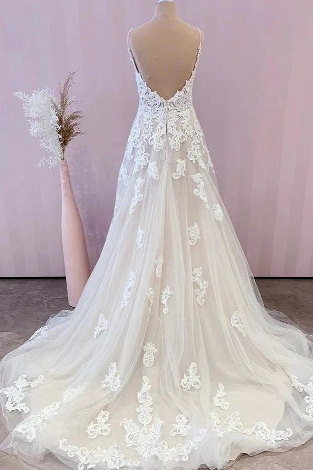 Stunning Long A-Line Spaghetti Straps Appliques Lace Tulle Wedding Dress - Image 2