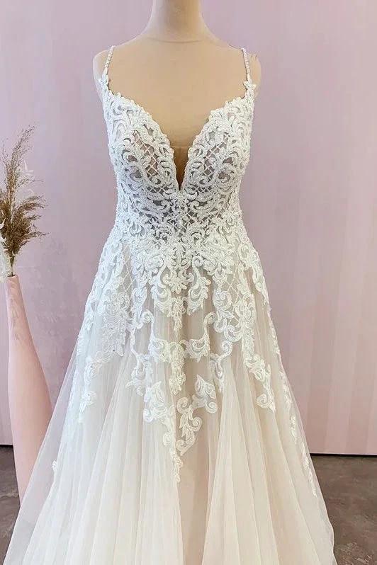 Stunning Long A-Line Spaghetti Straps Appliques Lace Tulle Wedding Dress - Image 3