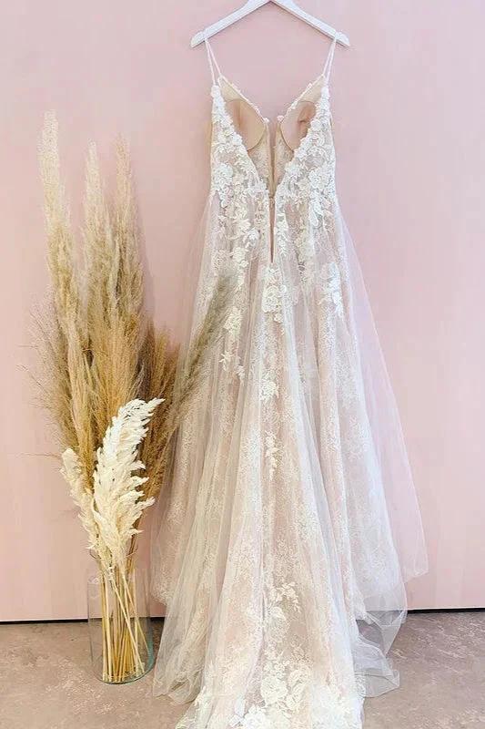 Stunning Long A-Line Spaghetti Straps Tulle Lace Wedding Dress - Image 2