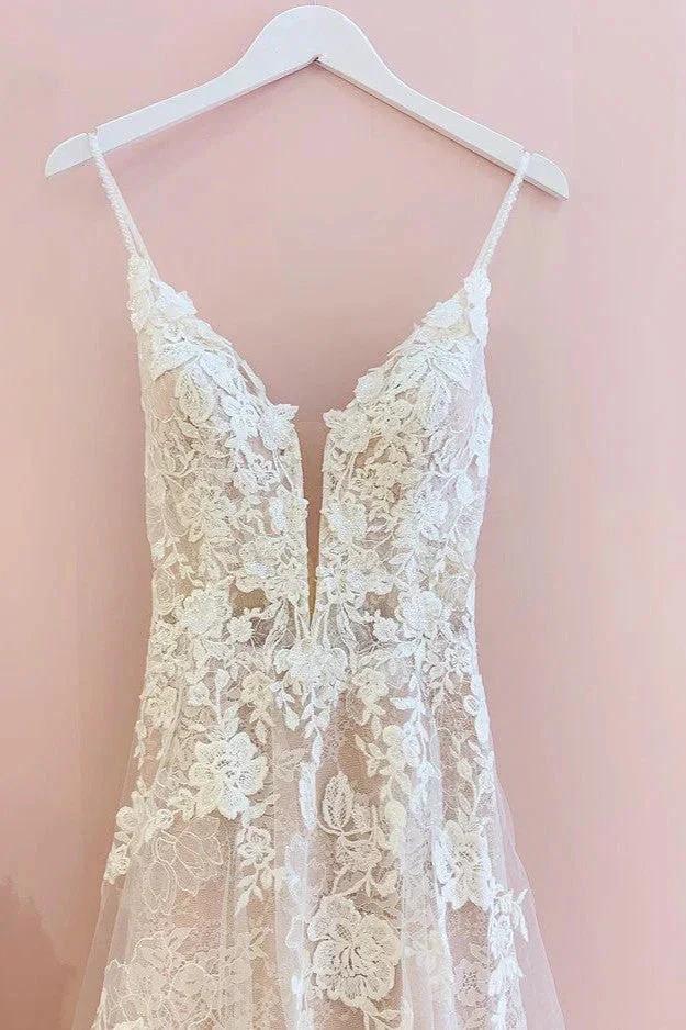 Stunning Long A-Line Spaghetti Straps Tulle Lace Wedding Dress - Image 3