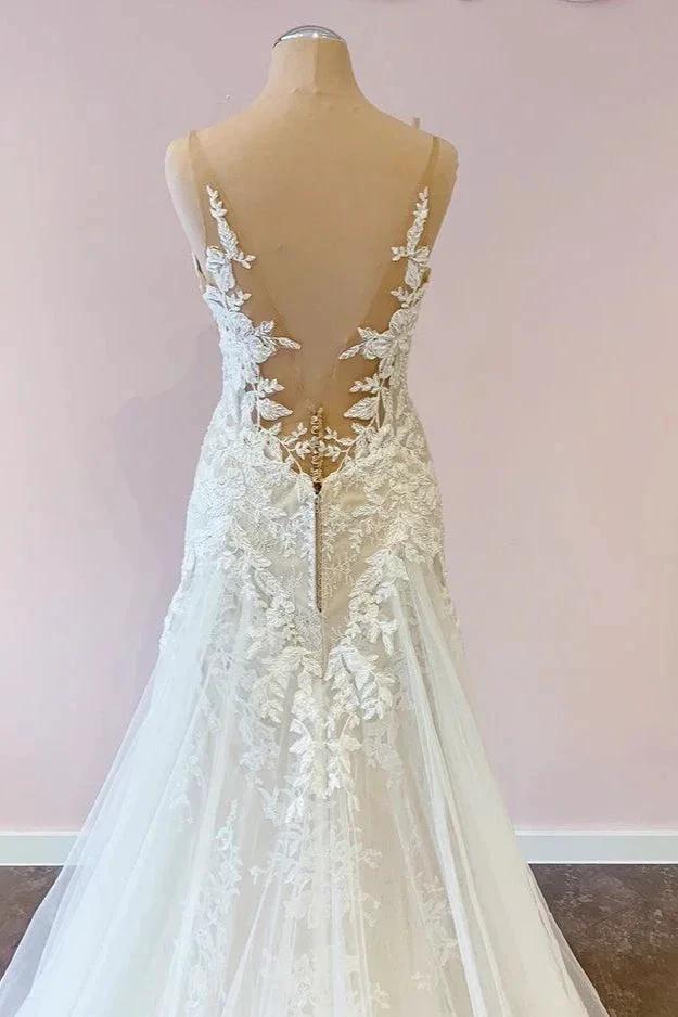Stunning Long A-Line Tulle Sweetheart Appliques Lace Wedding Dress - Image 4