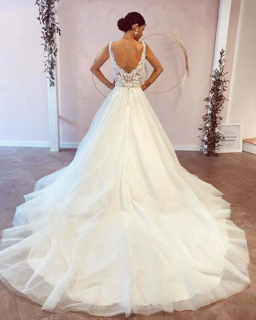 Stunning Long A-Line V-neck Backless Wedding Dress With Appliques Lace - Image 2