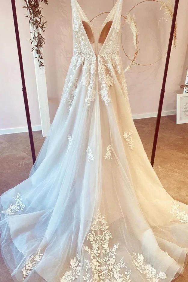 Stunning Long A-Line V-neck Tulle Floral Lace Wedding Dress - Image 2
