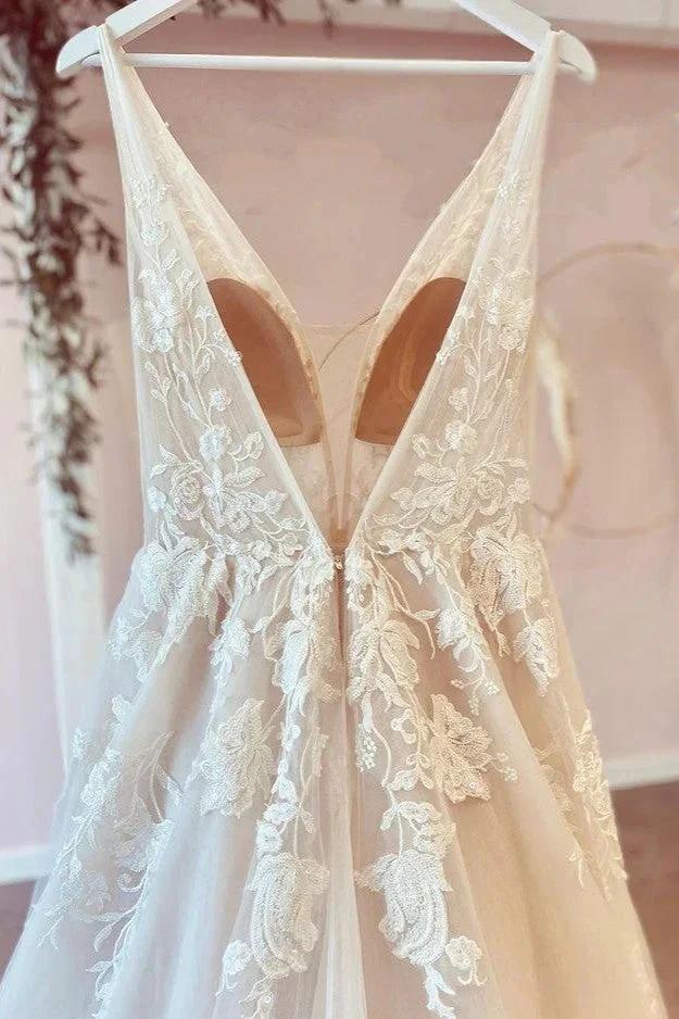 Stunning Long A-Line V-neck Tulle Floral Lace Wedding Dress - Image 4