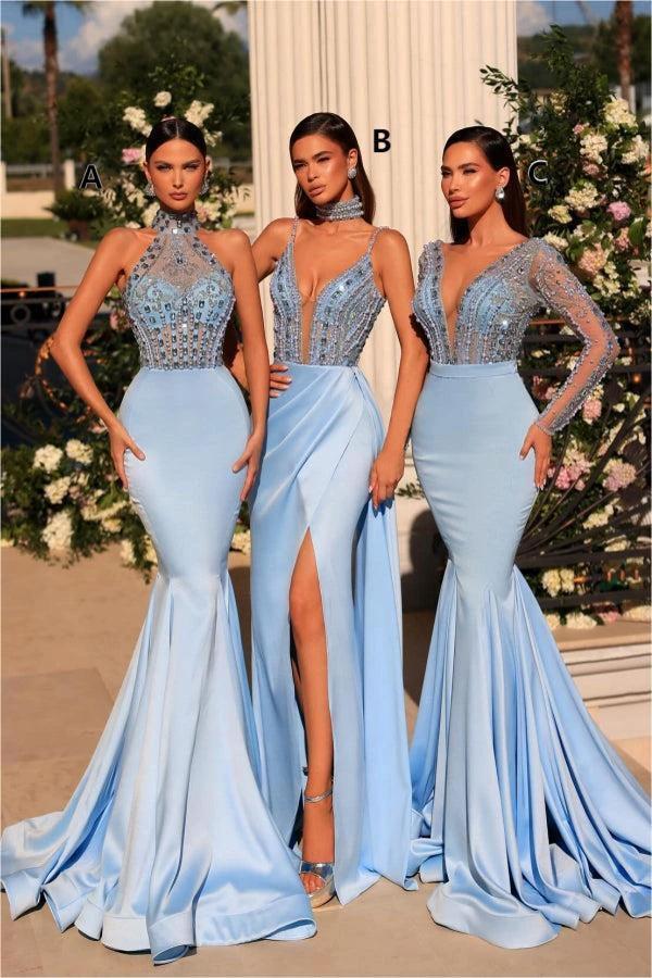 Stunning Long Blue V-neck Lace Beading Mermaid Prom Dress with Long Sleeves - Image 4