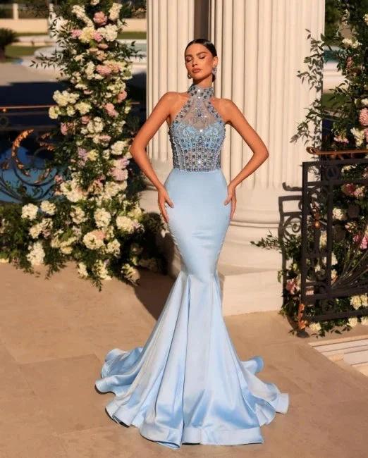 Stunning Long Blue V-neck Lace Beading Mermaid Prom Dress with Long Sleeves - Image 5