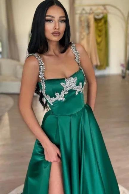 Stunning Long Dark Green A-line Sleeveless Rhinestones Satin Prom Dress with Slit - Image 2