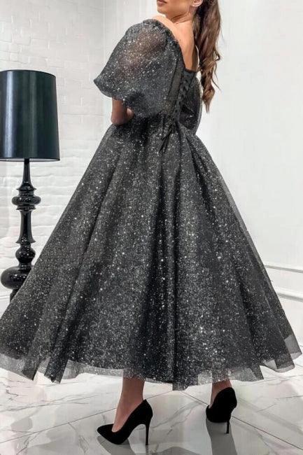 Stunning Long Gray A-line Off-the-shoulder Sequined Prom Dress with Short Sleeves - Image 2