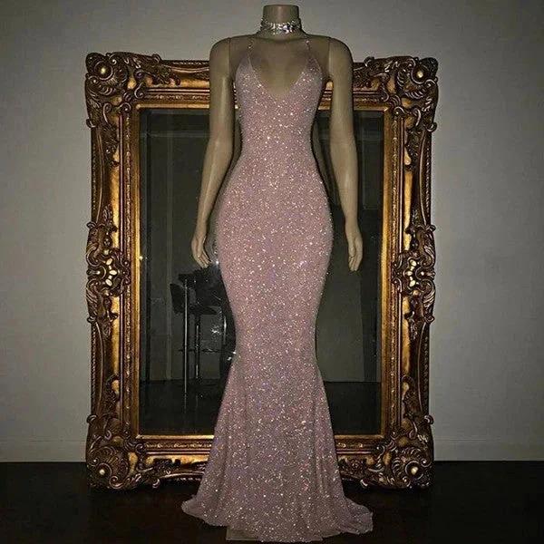 Stunning Long Halter Spaghetti Straps Sequined Mermaid Prom Dress - Image 2