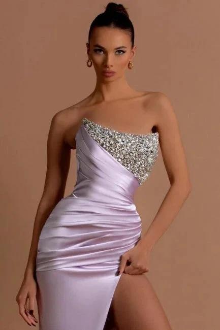 Stunning Long Lilac Column Strapless Sequined Beading Prom Dress with Slit - Image 5