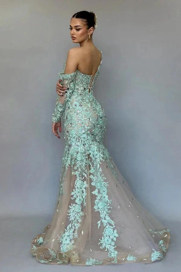 Stunning Long Mermaid One Shoulder Lace Beading Prom Dress with Long Sleeves - Image 2