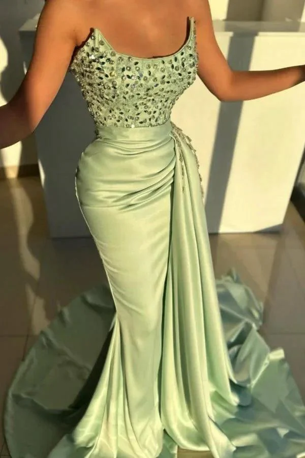 Stunning Long Sage Mermaid Strapless Beading Jewel Sleeveless Prom Dress - Image 3