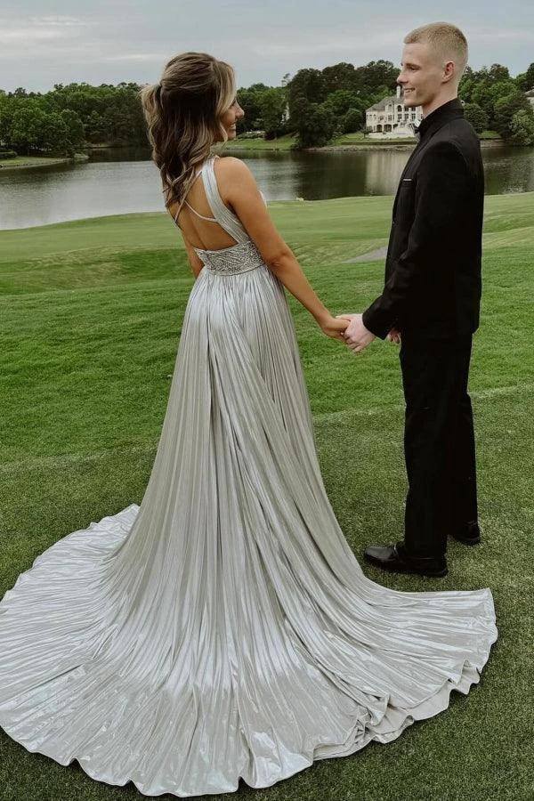 Stunning Long Silver A-line Halter Pleated Sexy Prom Dress with Rhinestones - Image 2