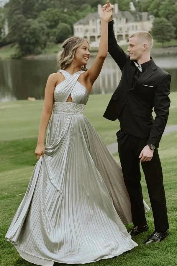 Stunning Long Silver A-line Halter Pleated Sexy Prom Dress with Rhinestones - Image 3