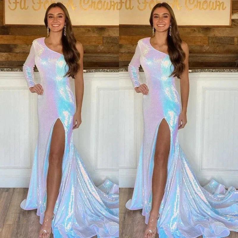 Stunning Long Sleeves Mermaid One Shoulder Prom Dresses with High Split - Image 2
