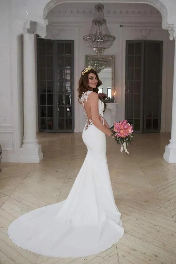 Stunning Mermaid Sleeveless Lace Wedding Dress Zipper Button WD041 - Image 4