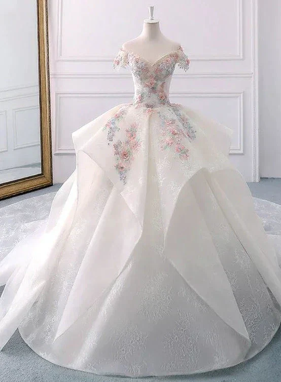 Stunning Off The Shoulder Flower Ball Gown Lace Wedding Dress Y1145 - Image 2
