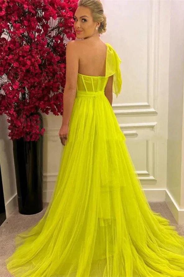 Stunning One Shoulder Tulle Long A-Line Prom Dresses with Slit - Image 2