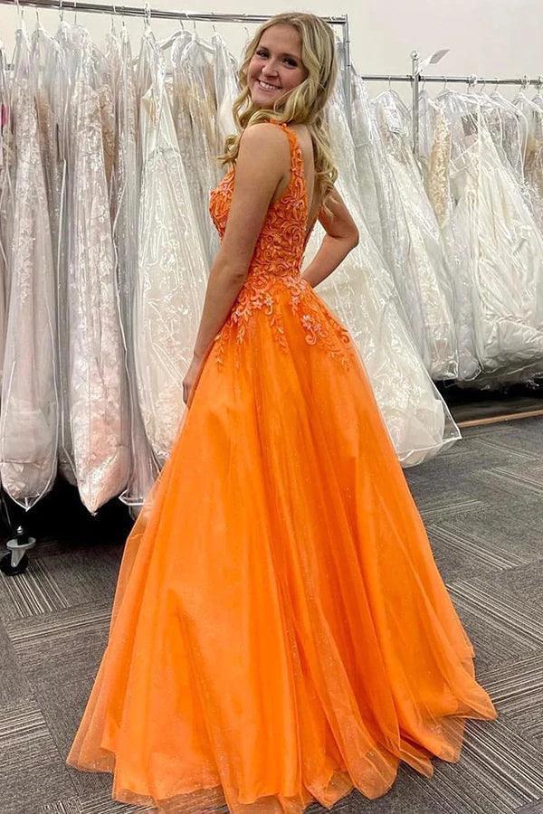 Stunning A-Line V-Neck Orange Long Prom Dress With Appliques PSK434 - Image 2