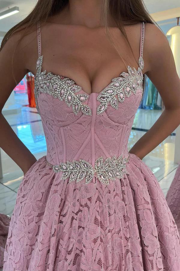 Stunning Pink Long A-line Sweetheart Beadings Lace Prom Dresses - Image 2