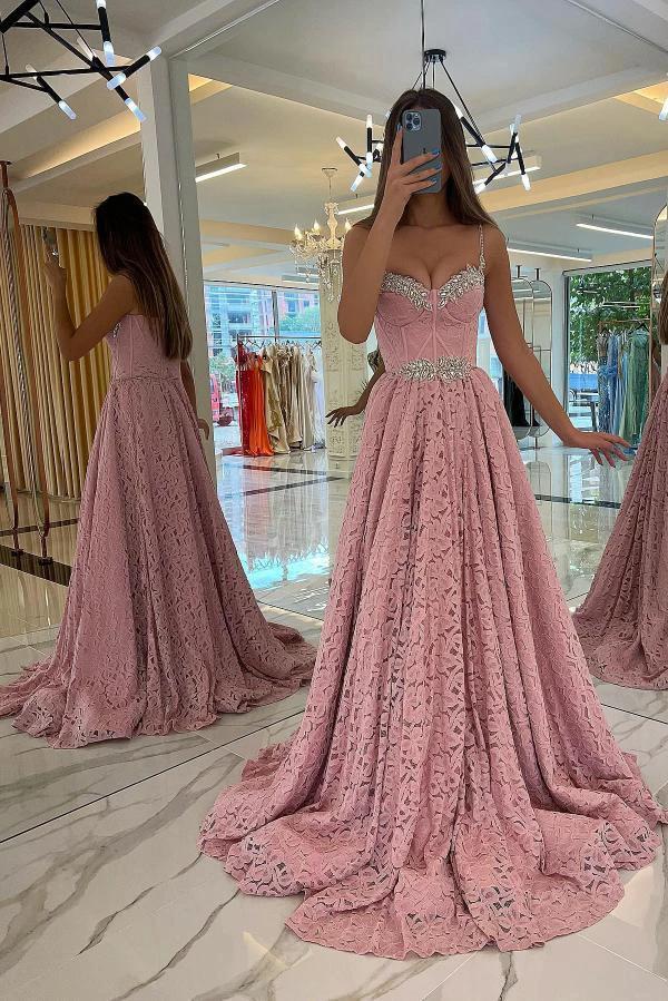 Stunning Pink Long A-line Sweetheart Beadings Lace Prom Dresses - Image 3