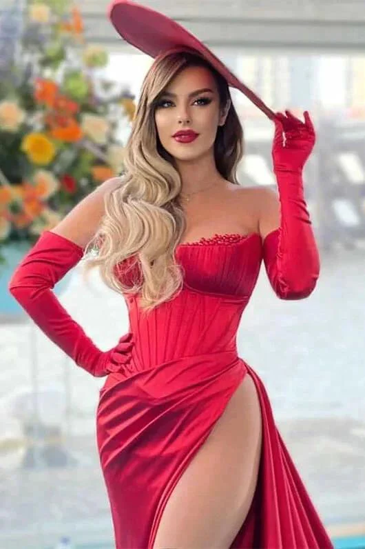 Stunning Red Long Mermaid Off-the-Shoulder Evening Prom Dress with Slit - Image 2