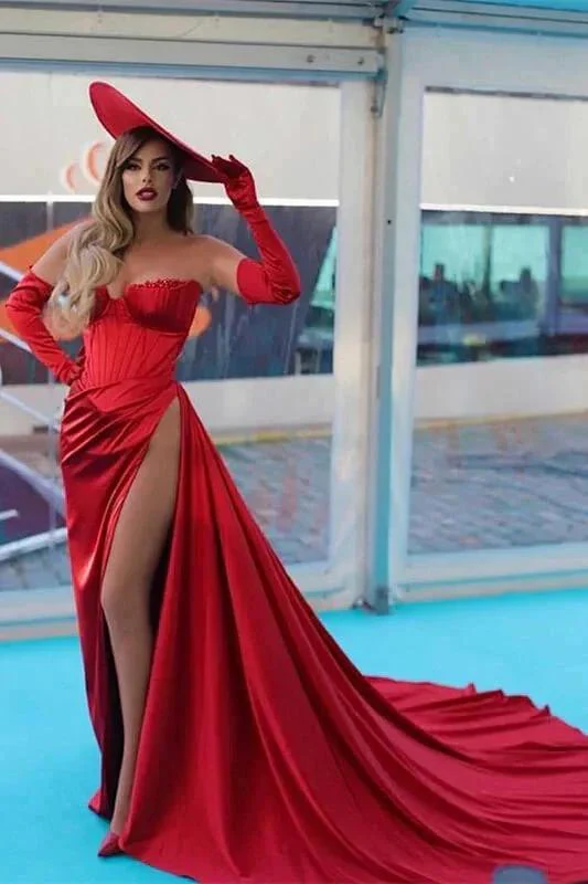 Stunning Red Long Mermaid Off-the-Shoulder Evening Prom Dress with Slit - Image 4