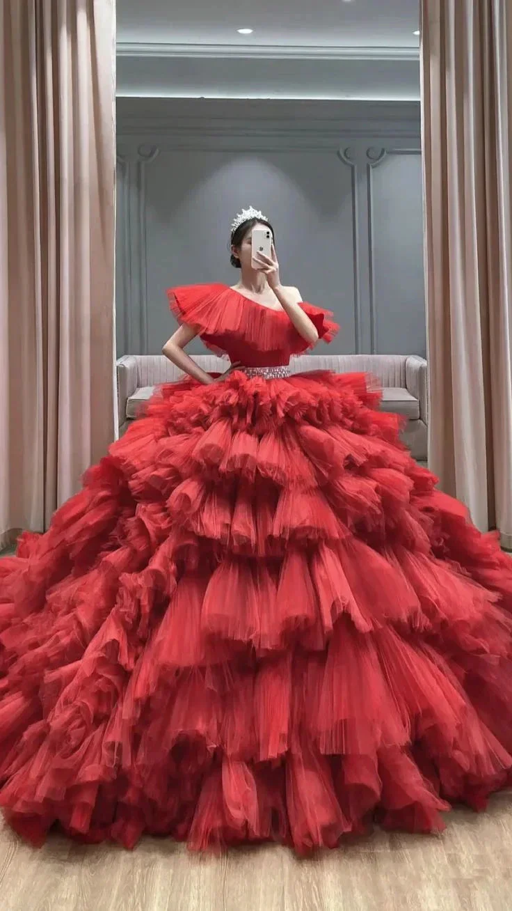 Stunning Red Multi-layered Tulle Ball Gown Sweet 16 Dress Y5361 - Image 2