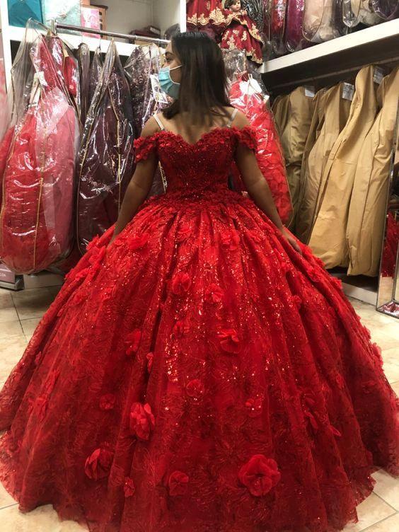 Stunning Red Off The Shoulder Ball Gown ,3D Flowers Quinceanera Dress,Sweet 16 Dress  Y1219 - Image 2
