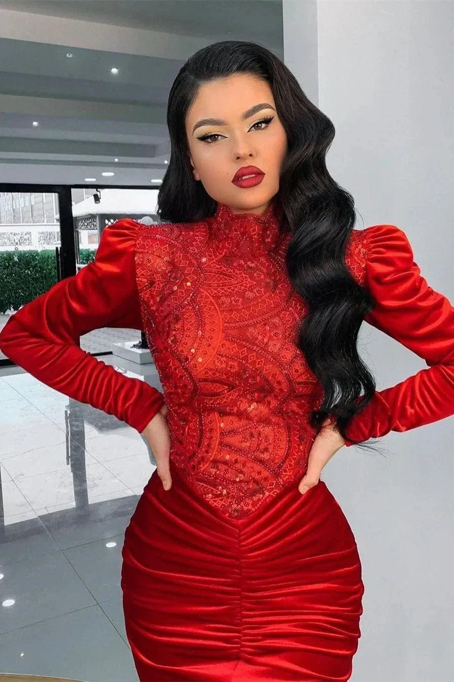 Stunning Red Velvet High Neck Mermaid Prom Dress Long Sleeves - Image 2