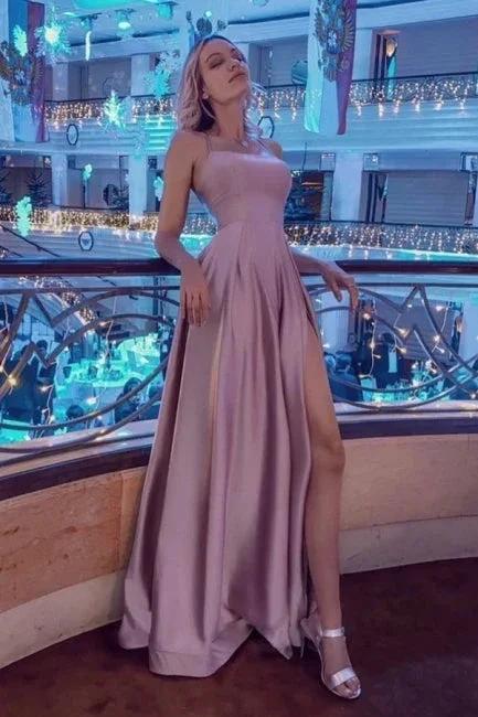 Stunning Spaghetti Straps Satin Evening Dress with Side Slit - Image 3