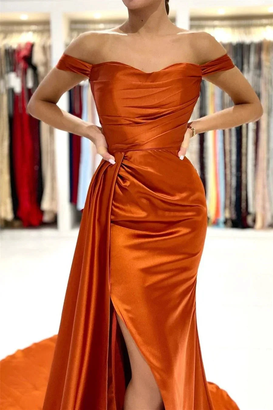 Stunning Stretch Satin Off Shoulder Evening Gown with Side Slit Detachable Train - Image 4