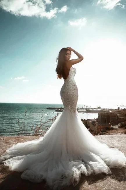 Stunning Sweetheart Beading Mermaid Wedding Gown Sleeveless Tulle Bridal Dress - Image 2