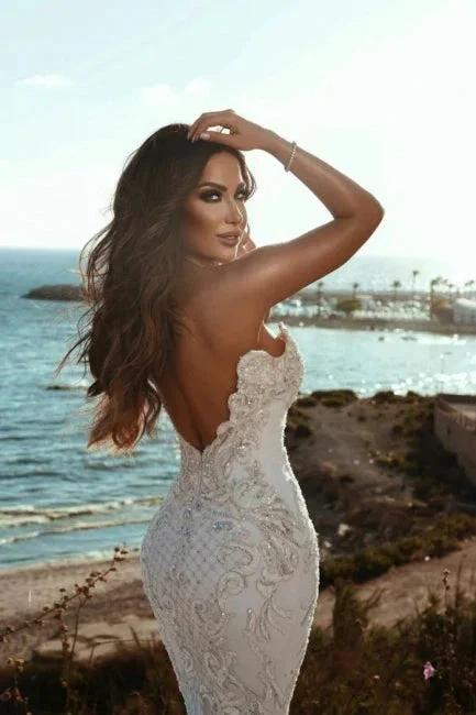 Stunning Sweetheart Beading Mermaid Wedding Gown Sleeveless Tulle Bridal Dress - Image 3